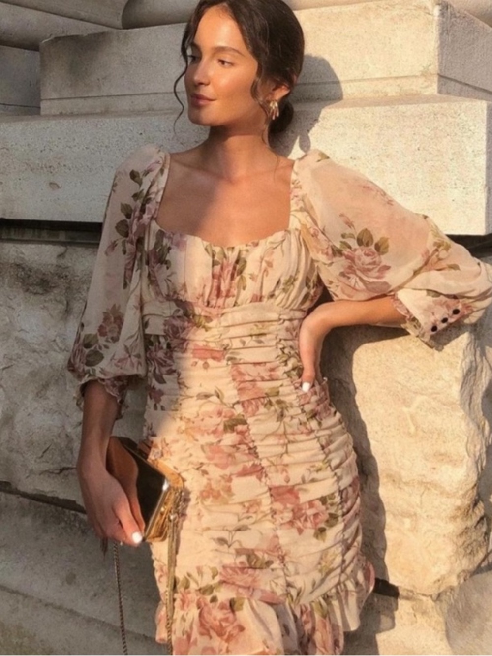 Zara Floral Dress Ruched Draped Dress Balloon Long Puff Sleeves Mini